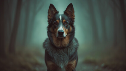 A majestic dog standing in a foggy forest with a dramatic atmosphere. Perfect for pet lovers, wildlife themes, and moody nature photography