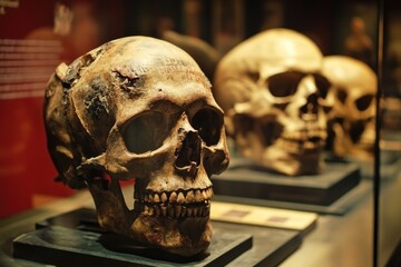 A pair of human skulls sit atop a table, with no background or additional elements