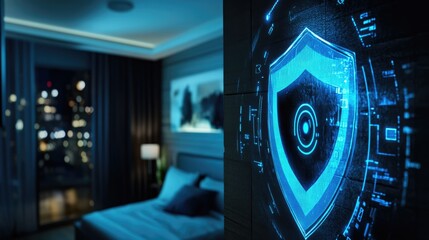 Modern bedroom featuring a digital security shield projection with city skyline visible through the window