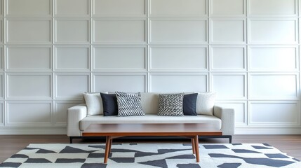 An inviting living room featuring a combination of textured fabrics and a rich color scheme. A mid-century coffee table contrasts beautifully with contemporary wall decor, while soft cushions on the
