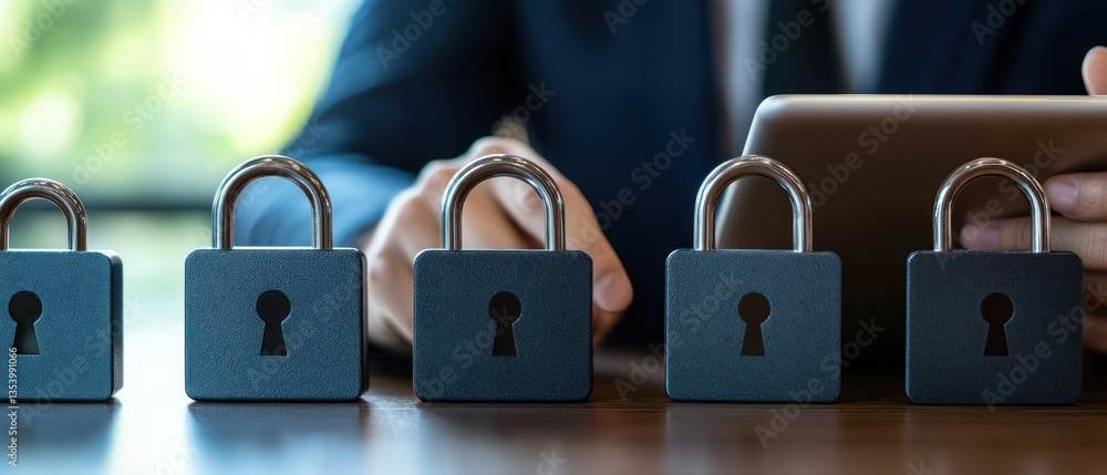 Poster businessman analyzing data with digital locks on a table