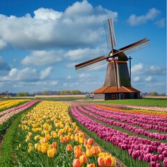 A large windmill stands in a field of colorful flowers