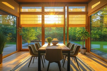Fototapeta premium Dining area illuminated by sunlight streaming through large windows