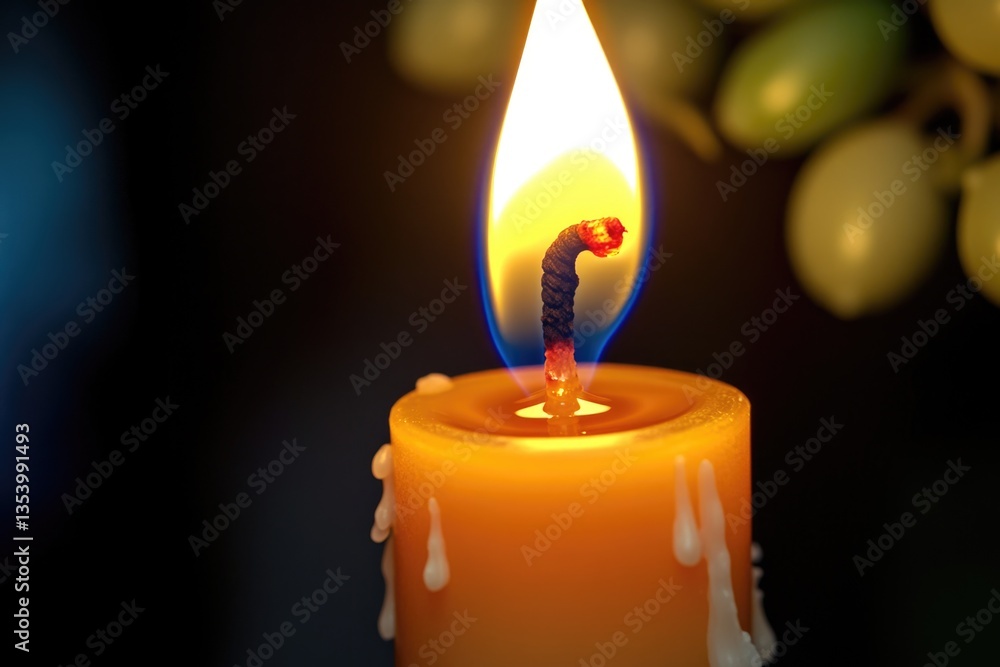 Poster a single yellow candle surrounded by a cluster of grapes, perfect for use as a decorative element or