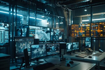 Cybersecurity specialist monitoring data on futuristic digital control screens