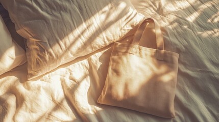 A simple cotton tote bag folded neatly on a white linen bedspread.