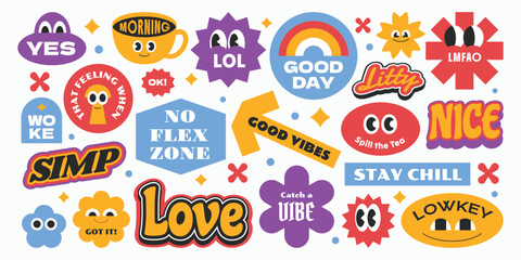 Colorful groovy and trendy stickers with gen z and millenials slang words.  Vintage stickers, patch, badge element with cartoon character.