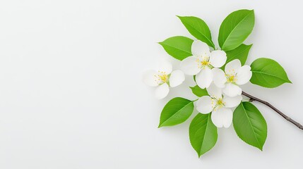 Obraz premium Delicate White Blossoms and Vibrant Green Leaves on a Light Gray Background: A Springtime Floral Image