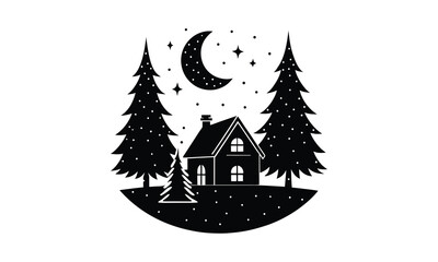 Obraz premium House Moon Pine Night Winter