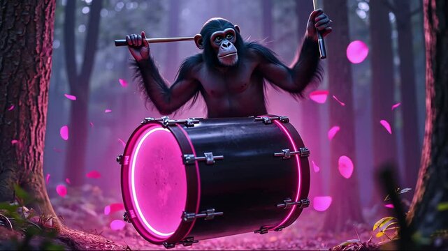 Playful Monkey Drumming in a Fantasy Forest with Colorful Lights and Petals Falling, Capturing Joy and Music in Nature