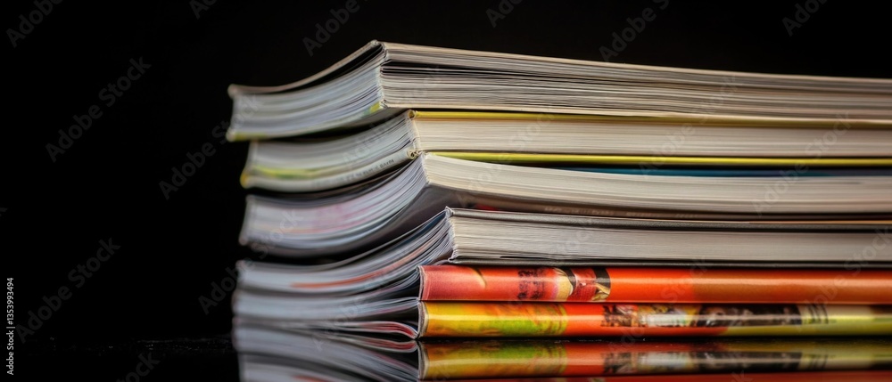 Poster A collection of magazines stacked on a table, perfect for use in editorial or commercial contexts