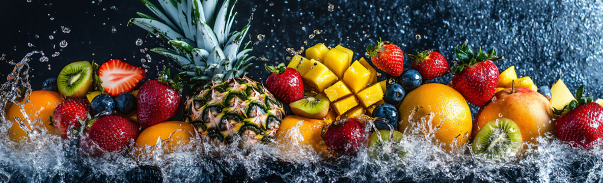 fruit explosion with water splash on a black background,
