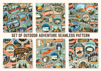 Set of Summer camp colorful seamless pattern with travel inspirational quotes. Vector. Background, wallpaper, seamless pattern with camping climber, tent, mountain and forest.