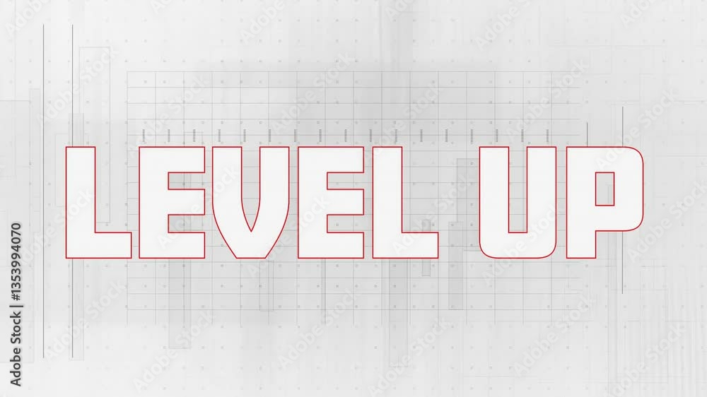 Poster level up text animation over grid pattern on light background