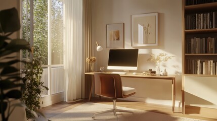 Cozy home office bathed in warm sunlight, featuring a desk, computer, and decorative plants by the window