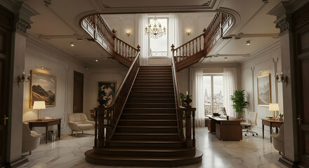 Obraz premium Grand Wooden Staircase In Elegant Mansion Interior
