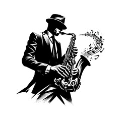 A talented elderly man playing saxophone black color vector white background