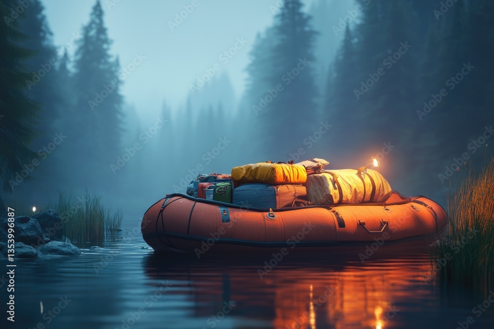 Poster a raft filled with various objects floating on the surface of a lake, great for water-themed illustr