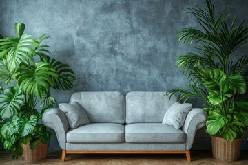 Fototapeta premium Light grey couch with plants against a textured blue wall