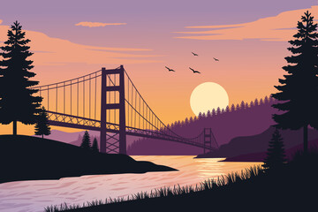 Dreamy Twilight Over a Scenic Suspension Bridge – Nature Landscape with a Calm River, Silhouetted Trees, Rolling Hills, and Birds Flying at Sunset.