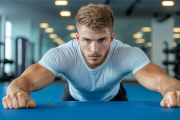 Fototapeta premium Determined Young Man Doing Plank Exercise in Gym, Showing Strength and Fitness Dedication