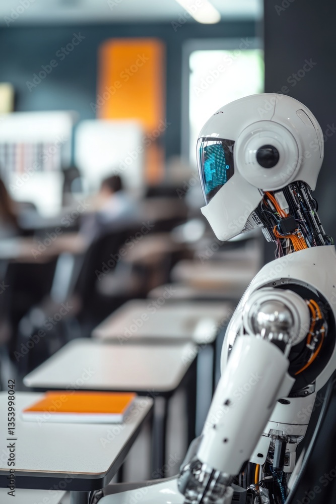 Poster a robot sits at a desk in a typical classroom setting