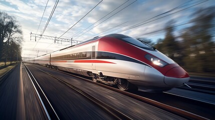 Fototapeta premium High-speed train speeding through countryside at sunrise.
