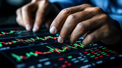 investment portfolio dashboard in a virtual stock exchange, person presenting economic forecasts, serious and corporate mood
