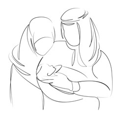 One continuous line art drawing flat illustration father, mother, husband, wife, child, family, man, islam, muslim. Isolated image hand draw outline on white background