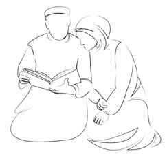 One continuous line art drawing flat illustration koran, islam, religion, person, book, woman, reading, muslim, man, culture. Isolated image hand draw outline on white background