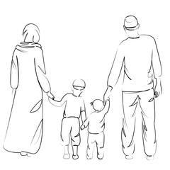 One continuous line art drawing flat illustration child, islam, mother, smiling, female, family with two children, happiness, male, family. Isolated image hand draw outline on white background