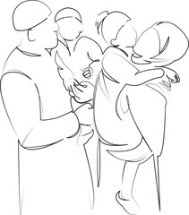 One continuous line art drawing flat illustration child, mother, father, family, man, woman, muslim, son, girl. Isolated image hand draw outline on white background