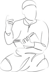 One continuous line art drawing flat illustration person, muslim, male, man, teacher, education, islam, student, arab, child. Isolated image hand draw outline on white background