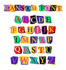 Bright colorful ransom font isolated on white background. Vector artistic typography cutout from newspaper.