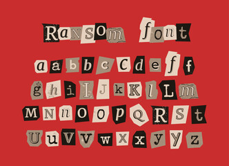 Vector black and white ransom font. Diverse cutout alphabet for collages and scrapbooking. Handmade typography type from newspaper