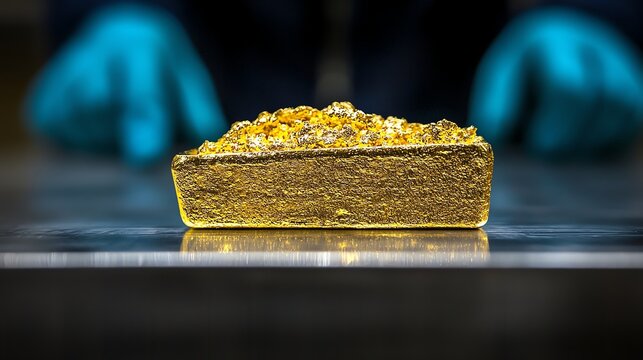 gold bar in a modern office desk, person scrolling a banking app, serious and corporate mood