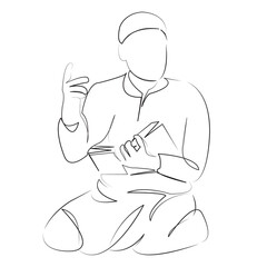 One continuous line art drawing flat illustration person, muslim, male, man, teacher, education, islam, student, arab, child. Isolated image hand draw outline on white background