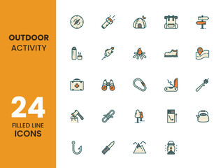 Outdoor activity icon set with filled outline style