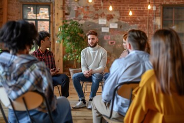 A group therapy session is taking place where participants are engaged in a workshop learning stress management techniques