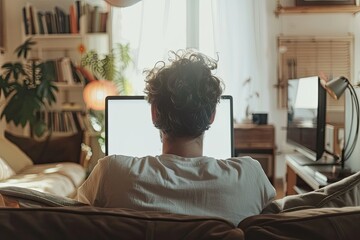 Rear View Young Man Using Computer Laptop While Sitting in Comfortable Home