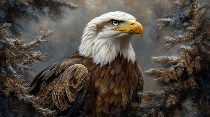 Obraz premium Majestic eagle perched among autumnal trees, gazing fiercely into the distance