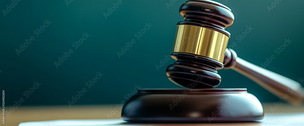 Poster close-up of a judge's gavel on a dark wood sound block, against a teal background. showcase of justi