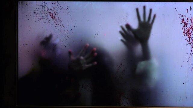 Bloodstained silhouetted hands pressing desperately against translucent surface, conveying intense psychological terror and haunting sense of confinement with visceral, chilling visual impact