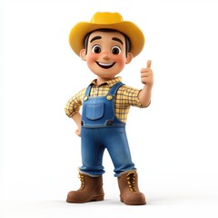 A cartoon character in a cowboy hat and overalls is giving a thumbs up
