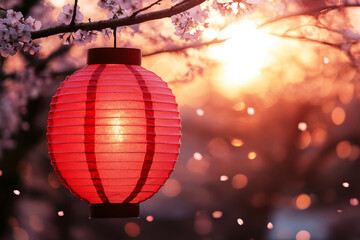Obraz premium Chinese lantern hanging from a blooming sakura branch, surrounded by falling petals. A festive spring background for Showa Day
