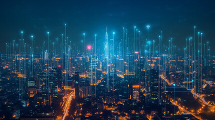 fiber optics background above the building connection with lots light spots