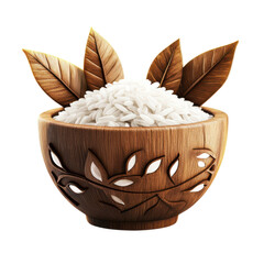 Fototapeta premium Wooden Bowl of Rice with Leaves 3D Render of Organic Food