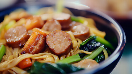 Close-up of the delicious stir-fried noodles with sausages and green vegetables