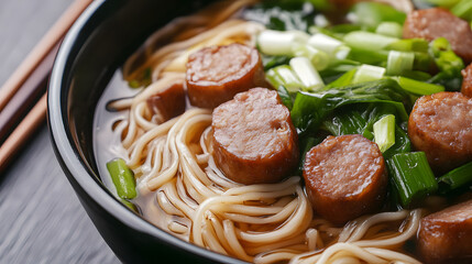 A close-up picture of delicious ramen with sausage and green vegetables