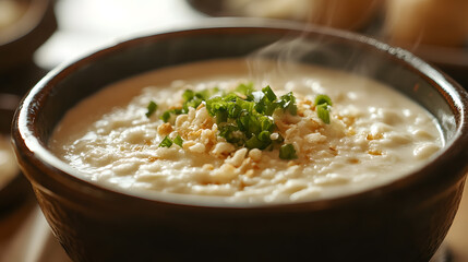Steaming white rice porridge with scallions sprinkled on it